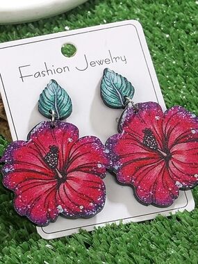 Fashion Jewelry Red-Pink Hibiscus Drop Earrings with Green Leaf Posts